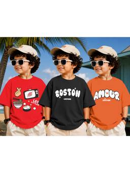 LEOTUDE - Kid Multi-Color Printed Cotton Oversized T-Shirt (Pack of 3)