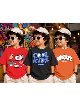 LEOTUDE - Kid Multi-Color Printed Cotton Oversized T-Shirt (Pack of 3)