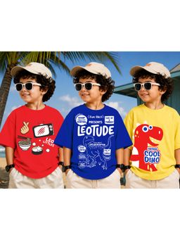LEOTUDE - Kid Multi-Color Printed Cotton Oversized T-Shirt (Pack of 3)