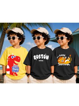 LEOTUDE - Kid Multi-Color Printed Cotton Oversized T-Shirt (Pack of 3)