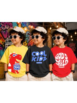 LEOTUDE - Kid Multi-Color Printed Cotton Oversized T-Shirt (Pack of 3)