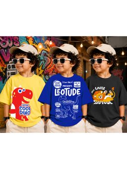 LEOTUDE - Kid Multi-Color Printed Cotton Oversized T-Shirt (Pack of 3)