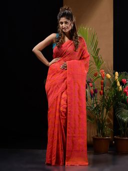 CHARUKRITI - Orange & Pink Handwoven Saree with Floral & Paisley Designs