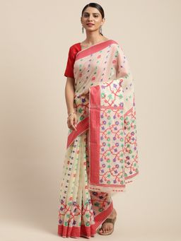 Vastranand - Red & Cream-Coloured Woven Design Jamdani Saree with Unstitched Blouse