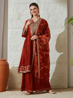 MOKOSH - Rust Embroidered Tailored Anarkali Kurta Palazzo with Dupatta