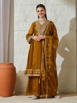 MOKOSH - Gold Embroidered Tailored Anarkali Kurta Palazzo with Dupatta