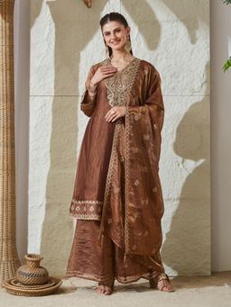 MOKOSH - Brown Embroidered Tailored Anarkali Kurta Palazzo with Dupatta