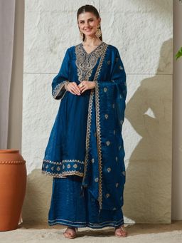 MOKOSH - Teal Embroidered Tailored Anarkali Kurta Palazzo with Dupatta