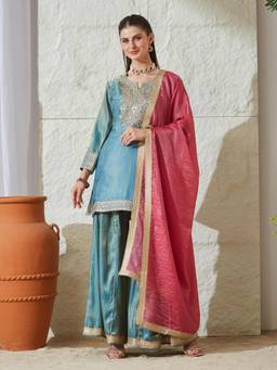 MOKOSH - Teal Embroidered Tailored Kurti Palazzo with Dupatta