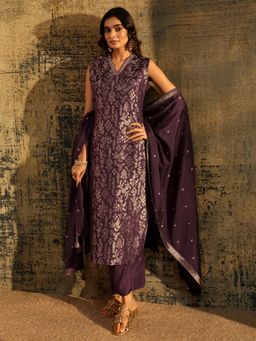 Libas - Burgundy Printed Straight Kurta Pant with Dupatta