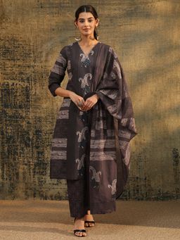 Libas - Grey Paisley Straight Kurta Pant with Dupatta