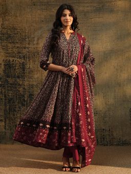 Libas - Black Printed Straight Anarkali Kurta Pant with Dupatta