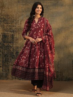 Libas - Rust Floral Straight Anarkali Kurta Pant with Dupatta