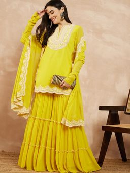 INDDUS - Yellow Embroidered Straight Kurti Sharara with Dupatta
