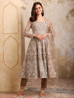 INDDUS - Beige Embroidered A-Line Anarkali Kurta Pant with Dupatta