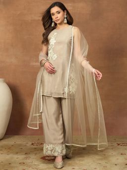 INDDUS - Beige Embroidered Straight Kurti Palazzo with Dupatta