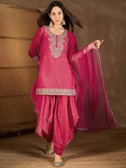 INDDUS - Magenta Embroidered Straight Kurti Dhoti with Dupatta