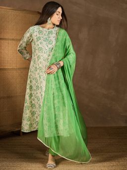 INDDUS - Green Floral A-Line Kurta Pant with Dupatta