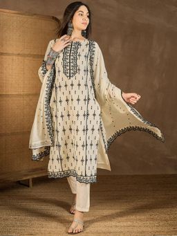 INDDUS - Beige Embroidered Straight Kurta Pant with Dupatta