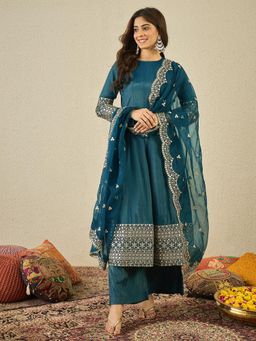 INDDUS - Teal Embroidered A-Line Anarkali Kurta Pant with Dupatta