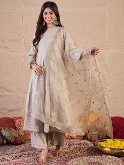 INDDUS - Ivory Embroidered A-Line Anarkali Kurta Pant with Dupatta
