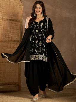 INDDUS - Black Embroidered Straight Kurti Salwar with Dupatta