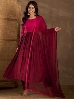 INDDUS - Maroon Colorblock Straight Kurta Pant with Dupatta