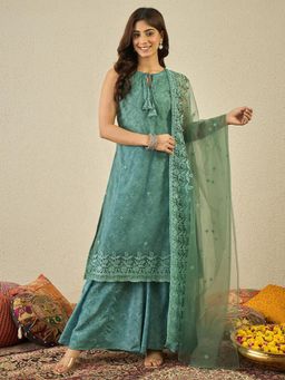 INDDUS - Green Embroidered Straight Kurta Palazzo with Dupatta