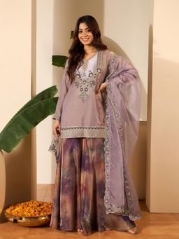 INDDUS - Mauve Embroidered Straight Kurti Palazzo with Dupatta