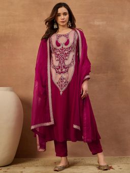 INDDUS - Magenta Embroidered A-Line Anarkali Kurta Pant with Dupatta