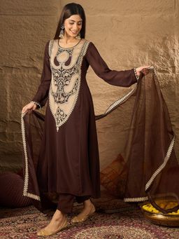 INDDUS - Brown Embroidered A-Line Anarkali Kurta Pant with Dupatta