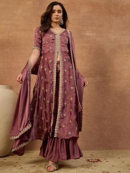INDDUS - Purple Embroidered Straight Kurti Pant with Dupatta