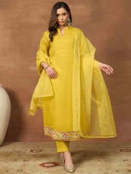 INDDUS - Yellow Embroidered Straight Kurta Pant with Dupatta