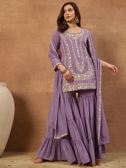 INDDUS - Purple Embroidered Straight Kurti Sharara with Dupatta