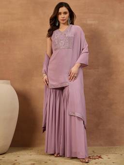 INDDUS - Lavender Embroidered Straight Kurti Sharara with Dupatta