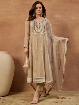 INDDUS - Beige Embroidered A-Line Anarkali Kurta Pant with Dupatta
