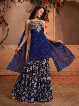 INDDUS - Navy Blue Floral Straight Kurti Sharara with Dupatta