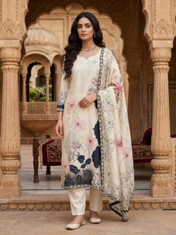 INDDUS - Beige Floral Straight Kurta Pant with Dupatta
