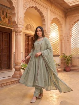 INDDUS - Green Embroidered A-Line Anarkali Kurta Pant with Dupatta