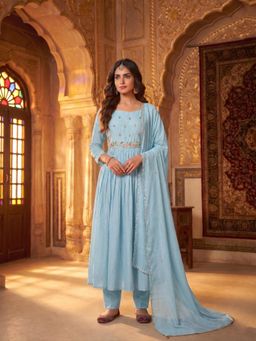 INDDUS - Blue Embroidered A-Line Anarkali Kurta Pant with Dupatta