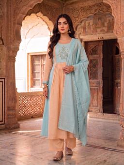 INDDUS - Peach Embroidered A-Line Anarkali Kurta Pant with Dupatta