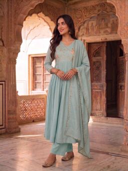 INDDUS - Green Embellished/Sequined A-Line Anarkali Kurta Pant with Dupatta