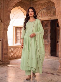 INDDUS - Green Embellished/Sequined A-Line Kurta Pant with Dupatta
