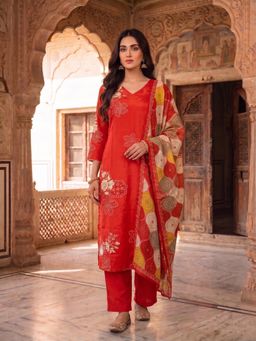 INDDUS - Red Floral Straight Kurta Pant with Dupatta