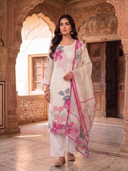 INDDUS - Off White Floral Straight Kurta Pant with Dupatta