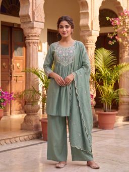 INDDUS - Green Embroidered Peplum Kurti Pant with Dupatta