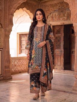 INDDUS - Black Floral Straight Kurta Pant with Dupatta