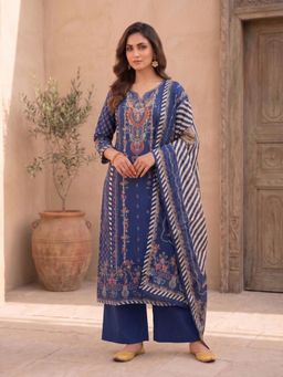INDDUS - Navy Blue Embroidered Straight Kurta Pant with Dupatta