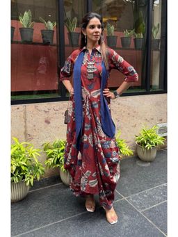 Ishnya - Red Floral Regular Dress with Stole