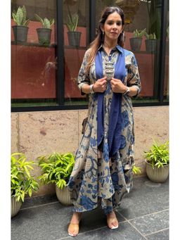 Ishnya - Blue Floral Regular Dress with Stole